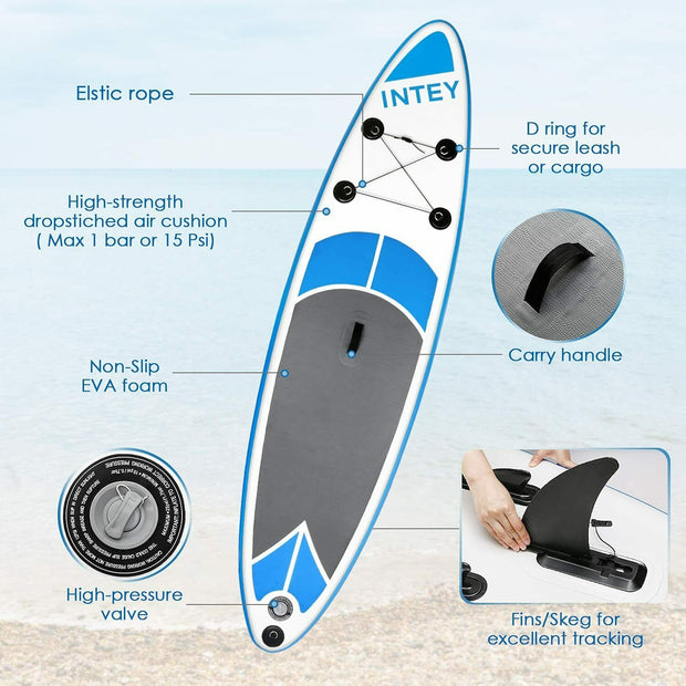 10' inflatable SUP comes with elastic rope and D rings to secure your leash or gear. SUP top is with non-slip EVA foam and carrying handle for easy portability.  High strength dropstich air cushion with  quick release high-pressure valve.